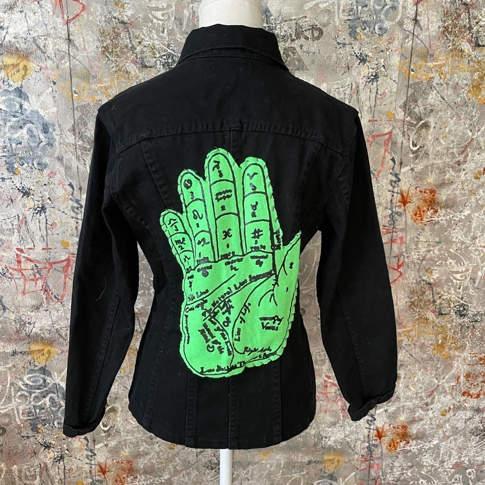 ETAM Unique Black Denim Jacket with Neon Palm Reading Patch on Back.